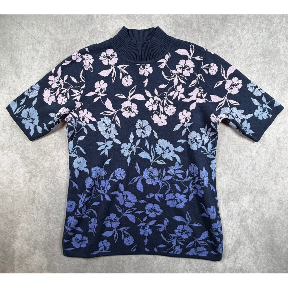 Isaac Mizrahi Live Womens Large Sweater Navy Pink Floral Mock Neck Short Sleeve